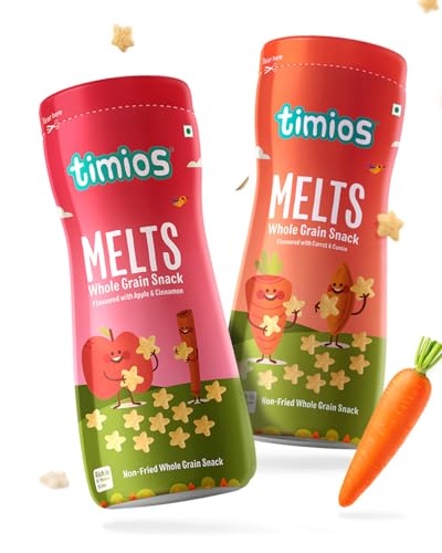 Image of Timios Melts Wholegrain Teething Puffs for Kids, Apple & Cinnamon & Carrot & Cumin, No Maida, Preservative-Free, Healthy, Travel-Friendly, Combo Pack (2 x 50g)