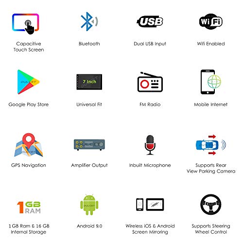 DULCET DC-116AT Universal Fit 7 inch Android 9.0 Car Stereo with 1GB RAM/16 GB Internal Memory/Quad Core Processor/HD IPS Display/Capacitive Touch Screen/Gorilla Glass Protection