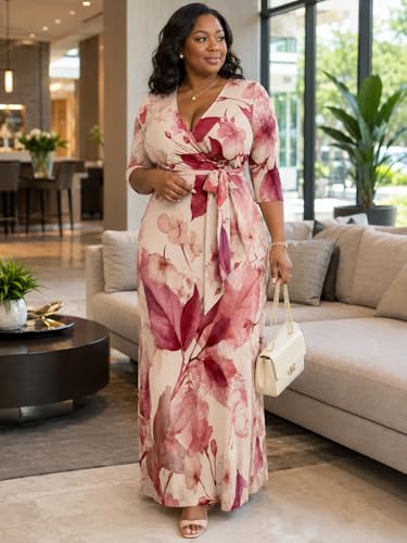Image of SUZONANA Plus Size Dresses for Women Floral Print Maxi Dress Flowy 3 /4 Sleeve with Belt