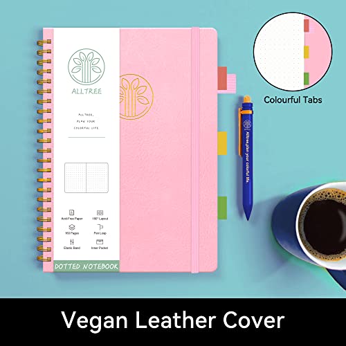 Spiral Dot Grid Notebook Journal, Dotted Paper Notebook, Bullet Dotted Journal, A5 Medium, Leather Hardcover Spiral Notebook, Alltree Twin Wire Spiral Bound Notebook With Tabs, Pen Loop, Pocket, Stickers, 160 Pages, Journal For Women & Men, Pink(6"X8.5") #TOP1