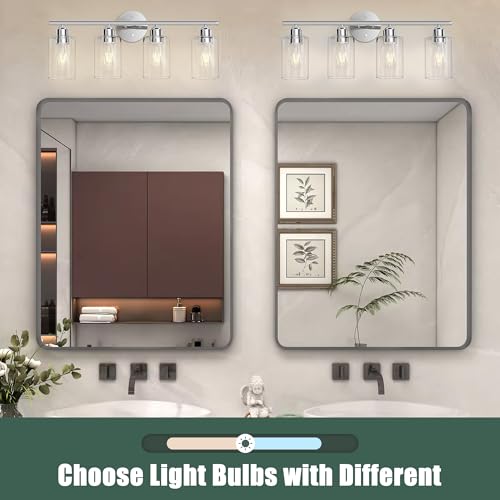 Image of Bathroom Vanity Light Fixtures Polished Chrome,4 Lights Rustic Farmhouse Vanity Bar Lighting Over Mirror Modern Industrial Wall Sconces Lamp with Cylinder Glass Shade