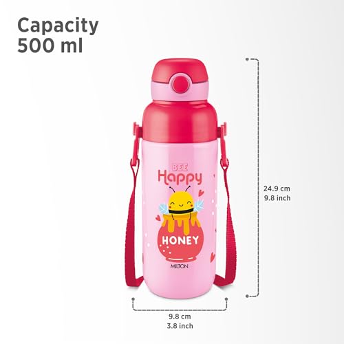 Image of Milton Steel Indus 600 Thermoware PU Insulated, 500 ml Water Bottle with Straw for Kids, Leak Proof Flip Top Sipper Lid Bottle, School, Picnic, Easy to Carry Belt, Pink