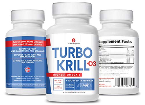 3Care Turbo Krill 2100mg [High Concentrate] Krill Oil Plus 600 IU Vitamin D Omega 3 Supplement 60 Count Softgels