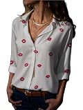 Women's Summer Casual Long Sleeved Breathable Shirts,Red Lip Print Pattern