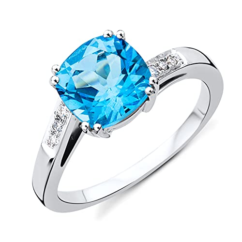 MIORE Bijoux pour Femmes Bague de Fiançailles avec Pierre Précieuse/Pierre Gemme Topaze bleue et 6 Diamants Brillants Bague en Or Blanc 9 Carats / 375 Or (54)