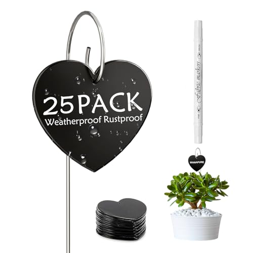 Cureder 25-Pack Iron Metal Heart Shaped Garden Markers Weatherproof Metal Plant Labels Large Planting Seedling Stake Signs, for Seedlings Herbs Vegetable Greenhouse Gifts with White Marker Pen Labels
