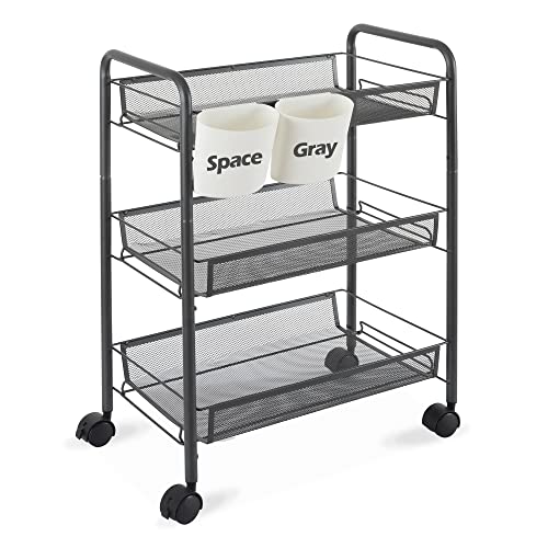 Meditoross Premium Metal Gray Mesh Wire Rolling Cart, 3-Tier Storage Organizer Utility Carts on Wheels Multifunctional Easy Assembly Basket Serving Trolley Cart for Home Kitchen Pantry Office (Gray)
