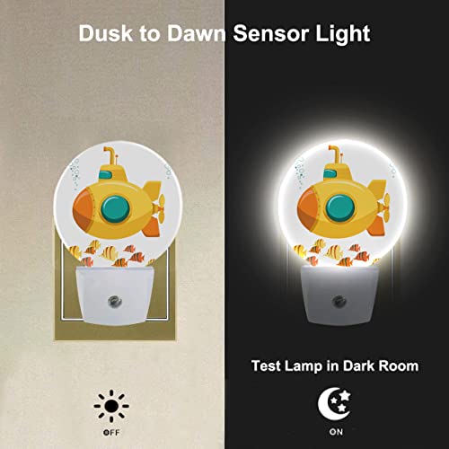 Image of Yellow Submarine Night Light Yellow Ship Underwater Undersea Fishes Night Lights Plug into Wall with Dusk-to-Dawn Sensor, Ocean Sea Beach Themed Boys Room Decor