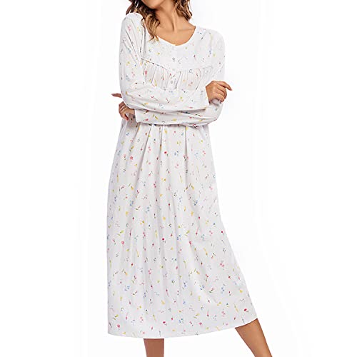 Fmirreo Long Cotton Nightgown Women's Long Sleeve Sleepwear Full Length Night Dress Soft Comfy Button Loungewear Print White-Xl #TOP3