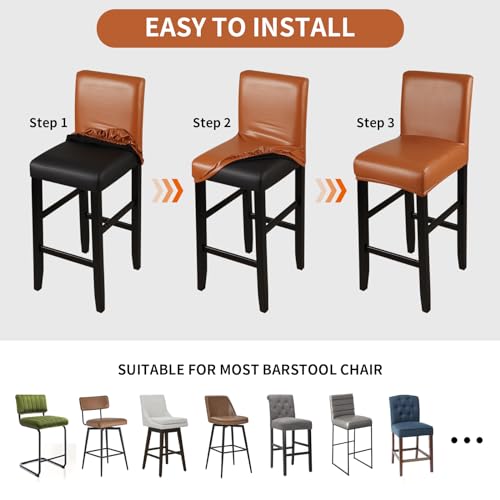 Image of YISUN Bar Stool Covers, Stretch Waterproof PU Bar Stool Slipcover Removable Washable Bar Stool Chair Covers, High Chair Cover with Elastic Bands (4 Pack, Light Brown)