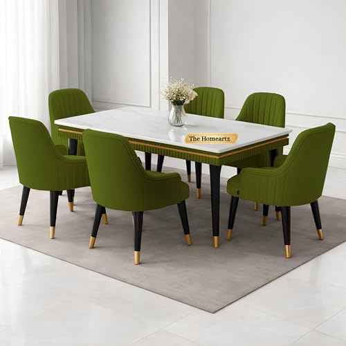 Image of Elara Modern Dining Table Set 6-Seater Wooden Dining Table Set | 1 Year Warranty | Nano Composite Marble Marble Top Table with 6 Chairs (Sea Green)