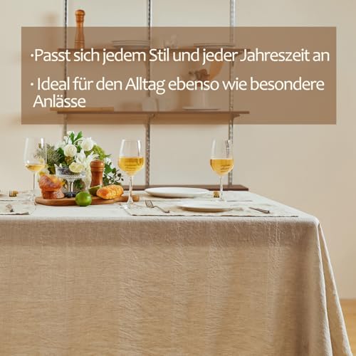 DAPU Tischdecke Leinen, 100% Französisches Naturleinen Rechteckige Tischdecke 140×220cm (Naturleinen, 140 x 220 cm)