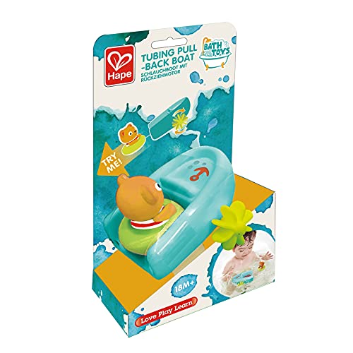 Hape Schlauchboot mit Rückziehmotor - Badewannenspielzeug, Pull-Back Boot und schwimmender Teddybär, Badespielzeug für Kleinkinder ab 18 Monaten