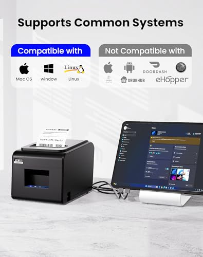 Image of vretti Thermal Receipt Printer, 3'1 /8 80mm Direct Thermal Printer with USB Serial LAN Port - Kitchen POS Printer ESC /POS Command Support Cash Drawer, Not for Square