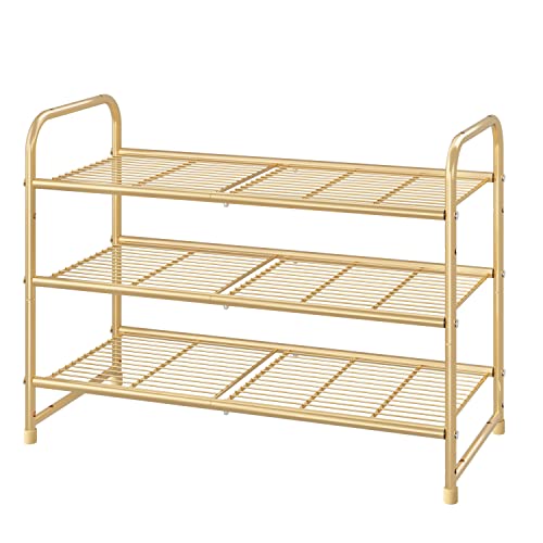 Simple Trending 3-Tier Stackable Shoe Rack, Expandable & Adjustable Shoe Shelf Storage Organizer, Wire Grid, Golden Yellow