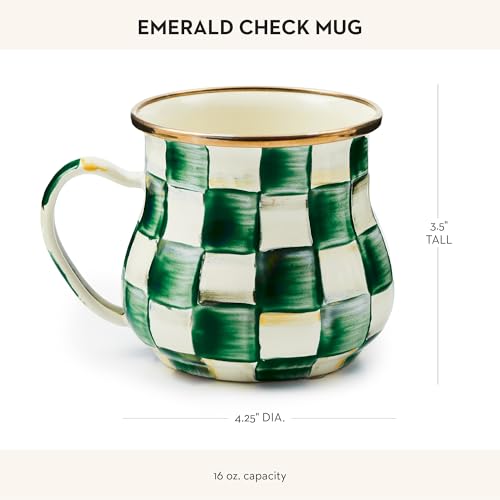 Image of MACKENZIE-CHILDS Enamel Mug, Cute Enamelware Tea or Coffee Mug, 16 Ounces, Green-and-White Emerald Check (Pack of 2)