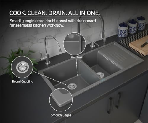Image of ARQUIN Double Bowl Quartz with Drainboard Kitchen Sink 45x20x9 Inch Grey | Undermount,Topmount | Including Coupling,Sink Connector,Waste Pipe & Fruit Washing Basket