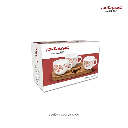 Image of La Opala Diva, Opal Glass Crockery | Coffee Cup Iris, Set of 6 | Twilight Bouquet, 100 ml | for Tea & Coffee | Microwave Safe | 100% Vegetarian | Toughened Extra Strong | Super Light | Super White