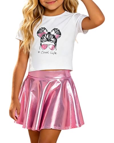 Image of Betusline Girls 2 Piece Outfits Short Sleeve Crop Top and Metallic Skater Skirt Set for Kids Dance Party Tennis, 4-14Y