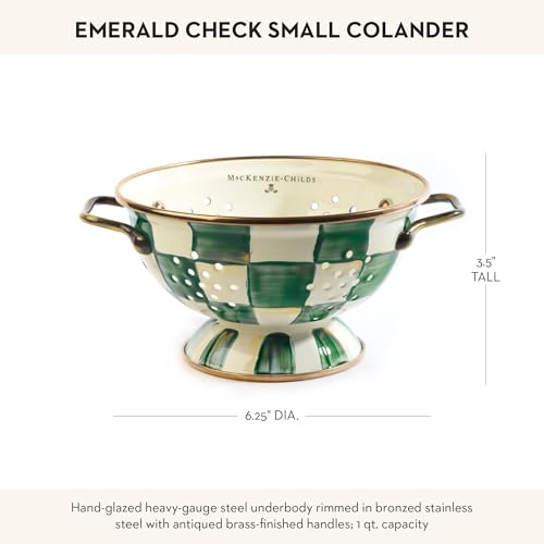 Image of MACKENZIE-CHILDS Enamel Colander, Decorative Kitchen Strainer, Small, Green-and-White Emerald Check