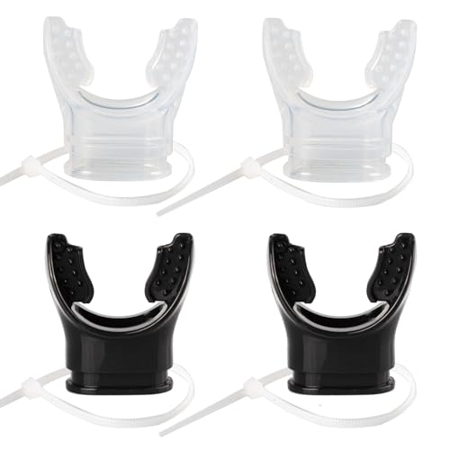 Scuba Diving Regulator Octopus Mouthpieces 4-Pack,Soft Silicone Snorkel Mouthpiece Regulator Replacement with 4 Ties, Universal Fit for Most Standard Regulators Scuba Accessories 2 Black & 2 Clear
