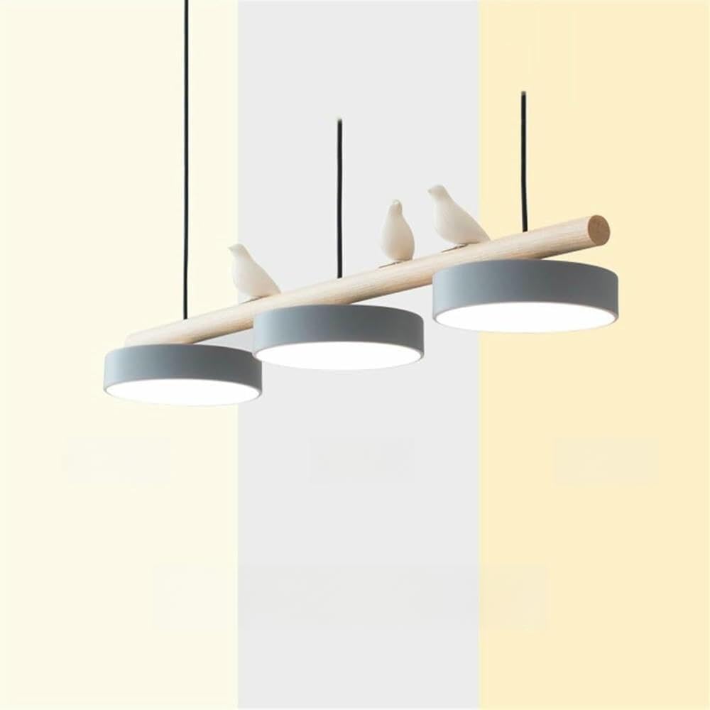 Suspension LED linéaire dimmable en bois vert clair et motif oiseau