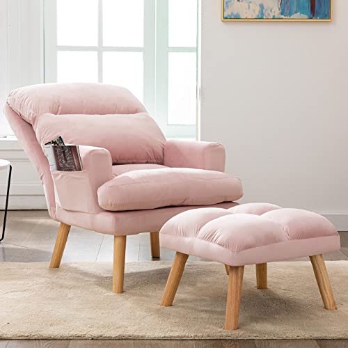 Canmov Modern Accent Chair With Ottoman, Soft Fabric Armchair With Adjustable Backrest And Side Pockets, Comfy Lounge Chair For Living Room, Bedroom, Apartment, Office, Pink #TOP5