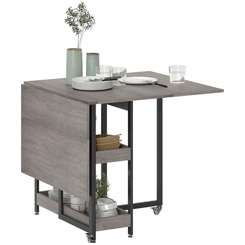 HOMCOM Tavolo da Pranzo Pieghevole, Tavolo Cucina a Ribalta con Ruote per 4 Persone, Scrivania Richiudibile Salvaspazio con 2 Ripiani Aperti, Ideale per Soggiorno, Ufficio, 133.4x80x75 cm, Grigio