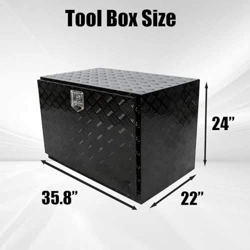 confote 36"x 22"x 24" Heavy Duty Aluminum Stripes Plated Tool Box Underbody Truck Box Pick Up Truck Bed RV Trailer Toolbox Waterproof Square Storage Organizer with Lock and Keys-Black