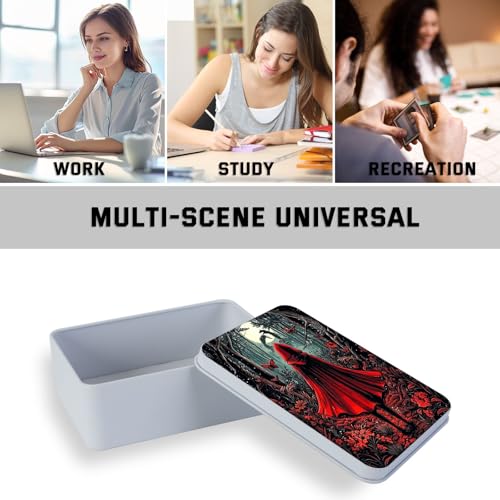 Image of Metal Tin Box with Lid,Multi-functional Storage Box Can Store Tea Biscuits Game Cards, Playing & Tarot Cards-Comes with 4 Magnetic Cord Clips,Red Hood in Forest