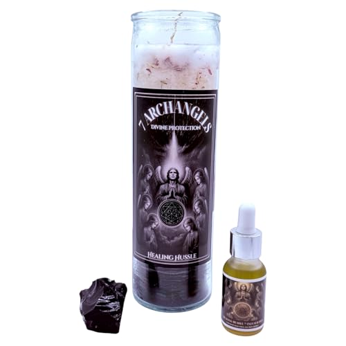 Seven Archangels Candle Kit | Divine Protection | Fixed Black & White Glass Candle | 7 Archangels | Black Obsidian Stone | Healing Hussle