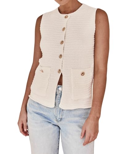 Image of Womens Sleeveless Sweater Vest Button Down Crew Neck Knit Casual Cardigan Tank with Pockets