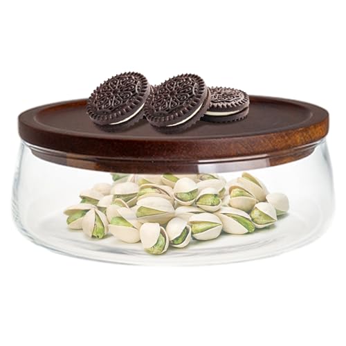 Bol de service en verre, bol à salade en verre transparent avec couvercle en bois, plateau de rangement rond pour la maison, la cuisine, les fêtes, les bonbons, les noix, les fruits, S