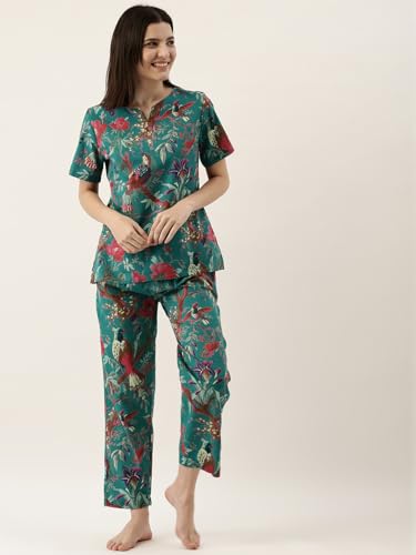 Image of SANSKRUTIHOMES Women's Premium 100% Cotton Printed Co-Ord Set | Short Sleeve Shirt & Pant Set | Pink Checkered Sun & Palm Tree Print | Casual Summer Resortwear, Vacation Wear & Comfortable Loungewear