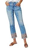 Flamingals Straight Leg Cropped Jeans for Women Trendy Mid Rise Stretchy Tribal Embroidery Raw Hem Ankle Jeans Light Blue S