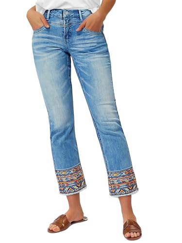 Flamingals Straight Leg Cropped Jeans for Women Trendy Mid Rise Stretchy Tribal Embroidery Raw Hem Ankle Jeans