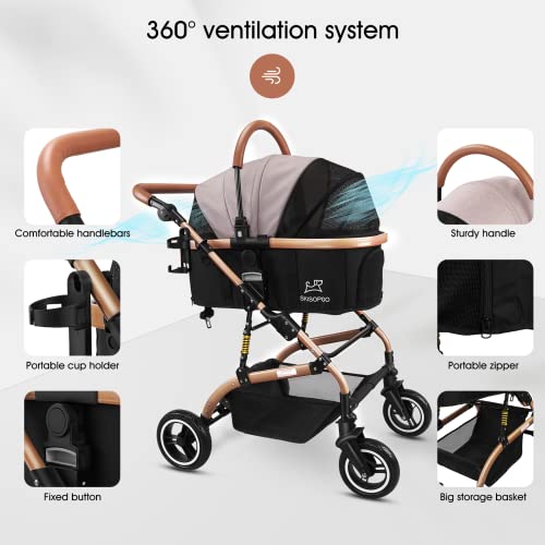 SKISOPGO 3-in-1 Pet Strollers for Small Medium Dogs Cat with Detachable Carrier Foldable Travel Pet Gear Stroller (Khaki… - Image 5
