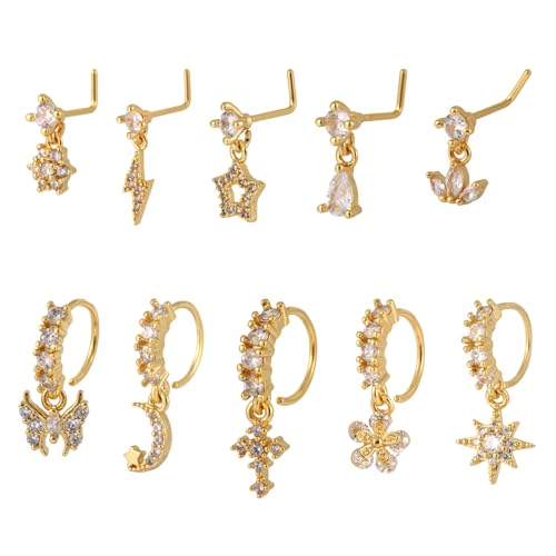 Mikovivi 10uds Anillos para Nariz Colgante, Piercing de Nariz Dorado Elegantes con Diseño Flor Estrella Mariposa Joyería Piercings Ideal Como Regalo para Mujer