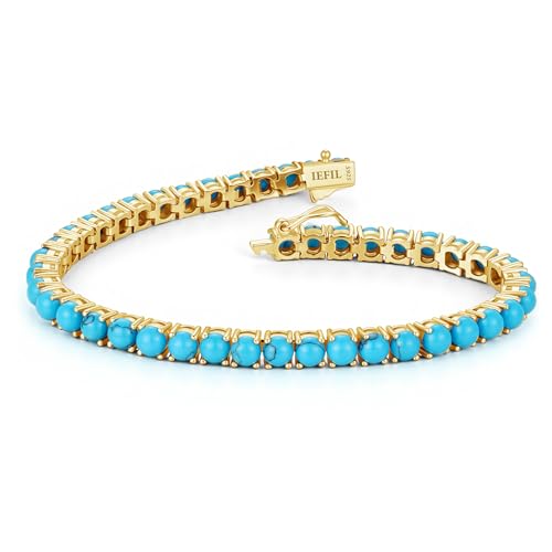 Iefil Simulated Turquoise Bracelets for Women - 14K-Gold-Plated December Birthstone Bracelet Sterling Silver | Anniversary Birthday Gifts for Women Size 6.5