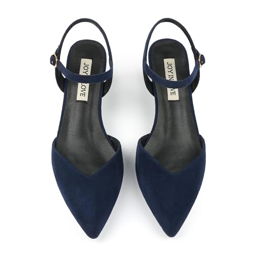 Image of JOY IN LOVE Women's Pointed Toe Kitten Heel Pumps, Ankle Strap Low Heel Work Dress Shoes