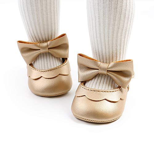 Image of Baby Girls Mary Jane Flats with Bowknot Flowers Princess Wedding Dress Ballet Shoes Non-Slip Toddler First Walkers Newborn Crib Shoes