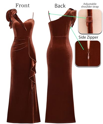 Image of VFSHOW Womens Formal Prom Elegant Ruffle One Shoulder Beaded Strap Ruched Slit Maxi Dress Wedding Evening Long Gown