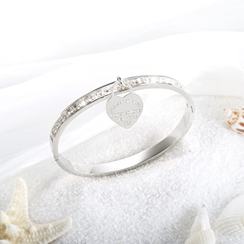 Women’s Gold Bangle Bracelet, Bangles Bracelets for Women with Heart Charm 18K Gold Plated Dainty Thin Small Stacking Dangling Bangles with CZ Simulated Diamond 6.5”3