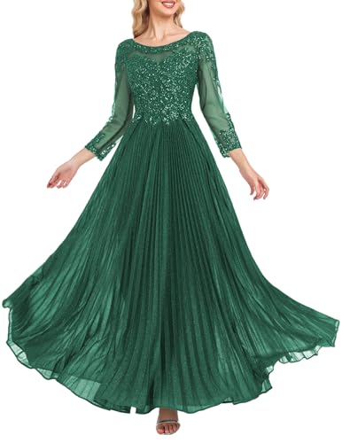 ForElise Mother of The Bride Dresses for Wedding 3/4 Sleeve Lace Appliques Long Formal Evening Dress