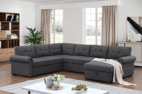Alexent Sleeper U-Shape Sectional Sofa With Storage Chaise Lounge, Pull-Out Bed (Dark Gray, 5 Seats), Sleeper Sectional Sofa Bed #TOP1