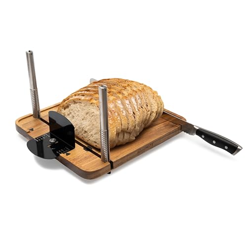 Sourdough & Bread Slicer with Premium Bread Knife – Adjustable Slice Thickness and Bread Width, Stainless Steel Cutting Guides, Fits Loaves up to 10 Inches, Ideal for Round Sourdough & Homemade Bread