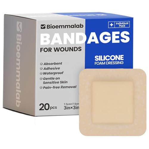 Image of Large Waterproof Bandages 3X3 Silicone Foam Dressing Sensitive Skin, 20 PCS | Bioemmalab Wound Dressing, Adhesive Cohesive Pad with Border, First Aid, Post Surgical and Burn, Pressure, Scar Healing