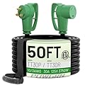 POWGRN 30 Amp RV Extension Cord 50 FT Outdoor with Grip Handle, Flexible Heavy Duty 10/3 Gauge STW 3 Prong RV Power Cord Waterproof with Cord Organizer, NEMA TT-30P to TT-30R, Black-Green, ETL Listed