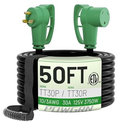 POWGRN 30 Amp RV Extension Cord 50 FT Outdoor with Grip Handle, Flexible Heavy Duty 10/3 Gauge STW 3 Prong RV Power Cord Waterproof with Cord Organizer, NEMA TT-30P to TT-30R, Black-Green, ETL Listed