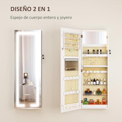 Armario de joyas para colgar espejo joyero de pared con luces LED interiores 4